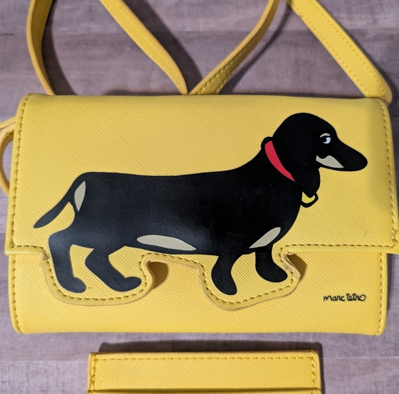 Marc Tetro Yellow Crossbody Bag with Dachshund, Matching Wallet - Picture 2 of 8